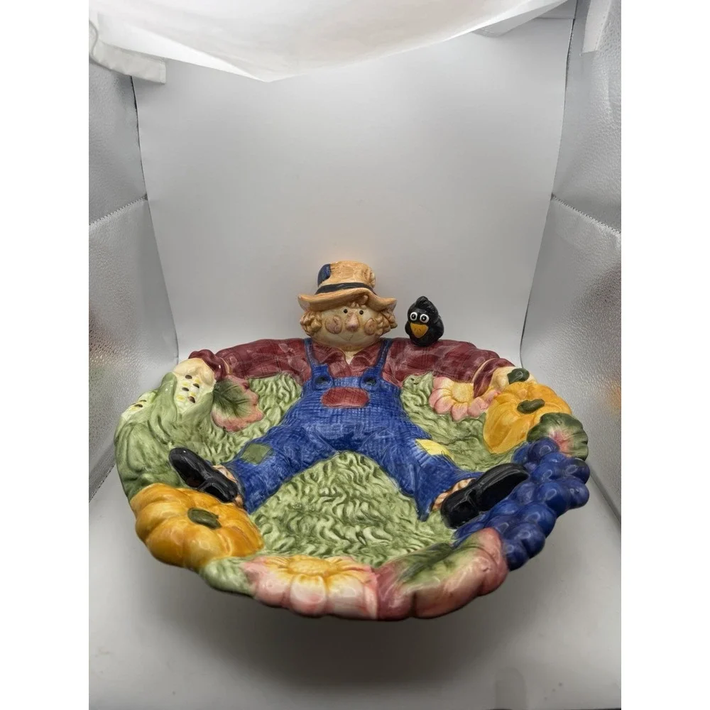 Scarecrow Harvest Serving Bowl Candy Dish Fall Halloween Pumpkin Ceramic Large